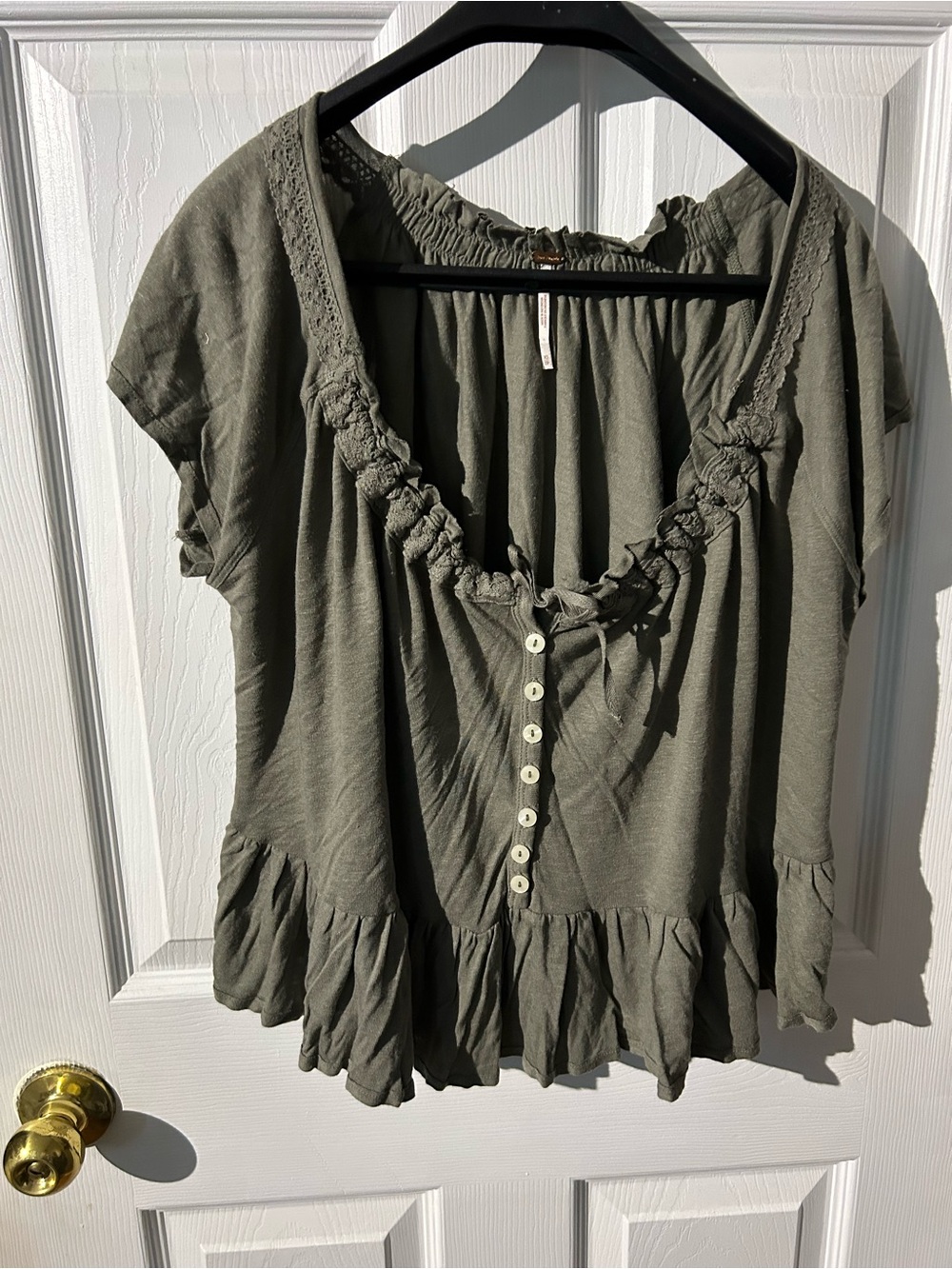 Free People Olive Green Ruffle Button-Front Blouse